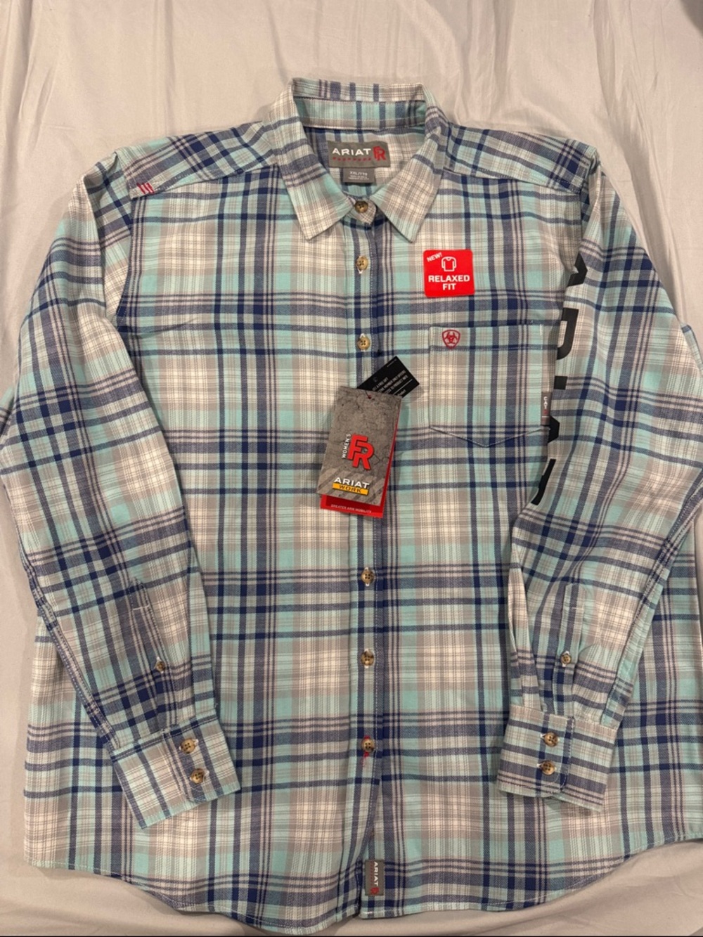 Flame Resistant Ariat Light Blue and Navy Plaid Casual Button-Down Shirt